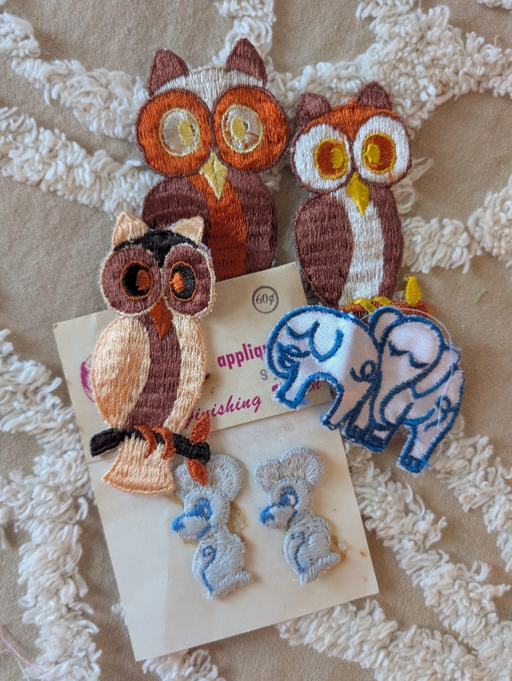 Vintage juvenile patches, owls, elephant, mouse
